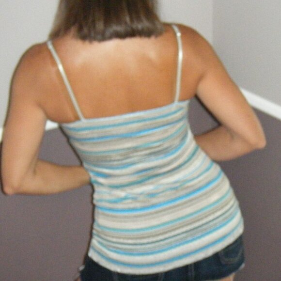 ❤️🔥Striped Low Cut Cleavage Retro Lace Summer Tank Cami Top Gray Blue 0125 - Picture 4 of 4